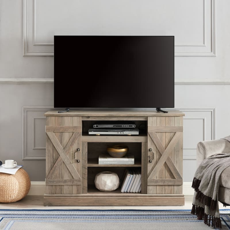 47" Farmhouse TV Console with Adjustable Shelves and Glass Cabinet Doors, Media Cabinet for TVs up to 50"