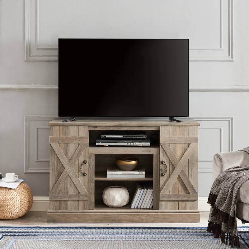 Wooden TV Stand with Barn Doors, Media Entertainment Center, Console Table with 2 Cable Management Holes & Adjustable Shelves