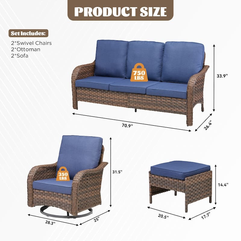 Cavira 6-Piece Outdoor Patio Brown Wicker Sofa Set with Olefin Cushions