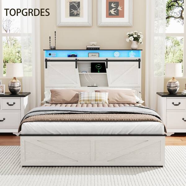 TOPGRDES Farmhouse Full Size Bed Frame with Storage Headboard and ...