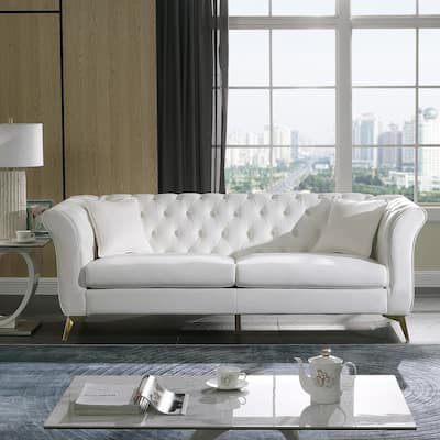 87" White Velvet 3 Seater Sofa Couch with Pillows