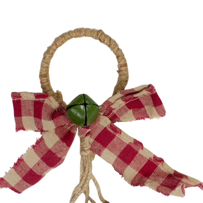 15-Inch Pine Green Jingle Bell Christmas Door Hanger with Plaid Bow