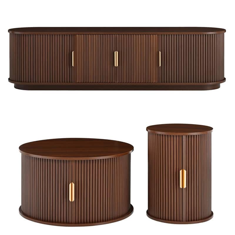 Mid Century Modern 74.8" TV Stand & Coffee Table Set for TVs up to 75", Wooden Media Console with Fluted Sliding Doors