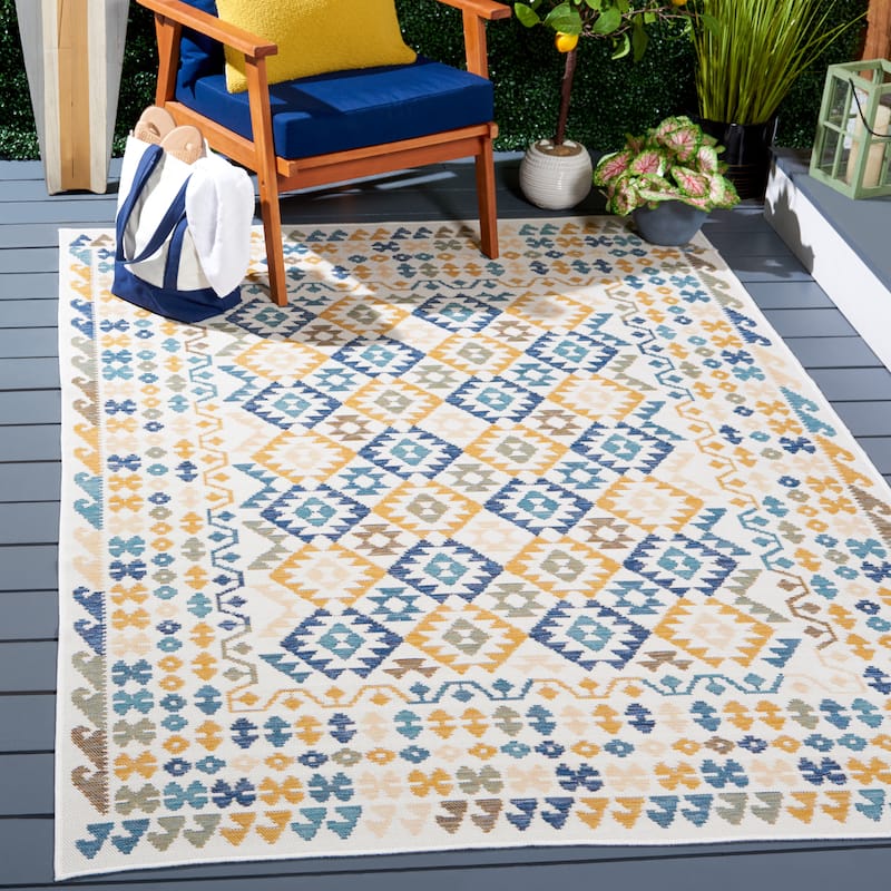 SAFAVIEH Sunrise Shelagh Indoor/Outdoor Waterproof Rug - 6'7" Square - Ivory/Blue Gold
