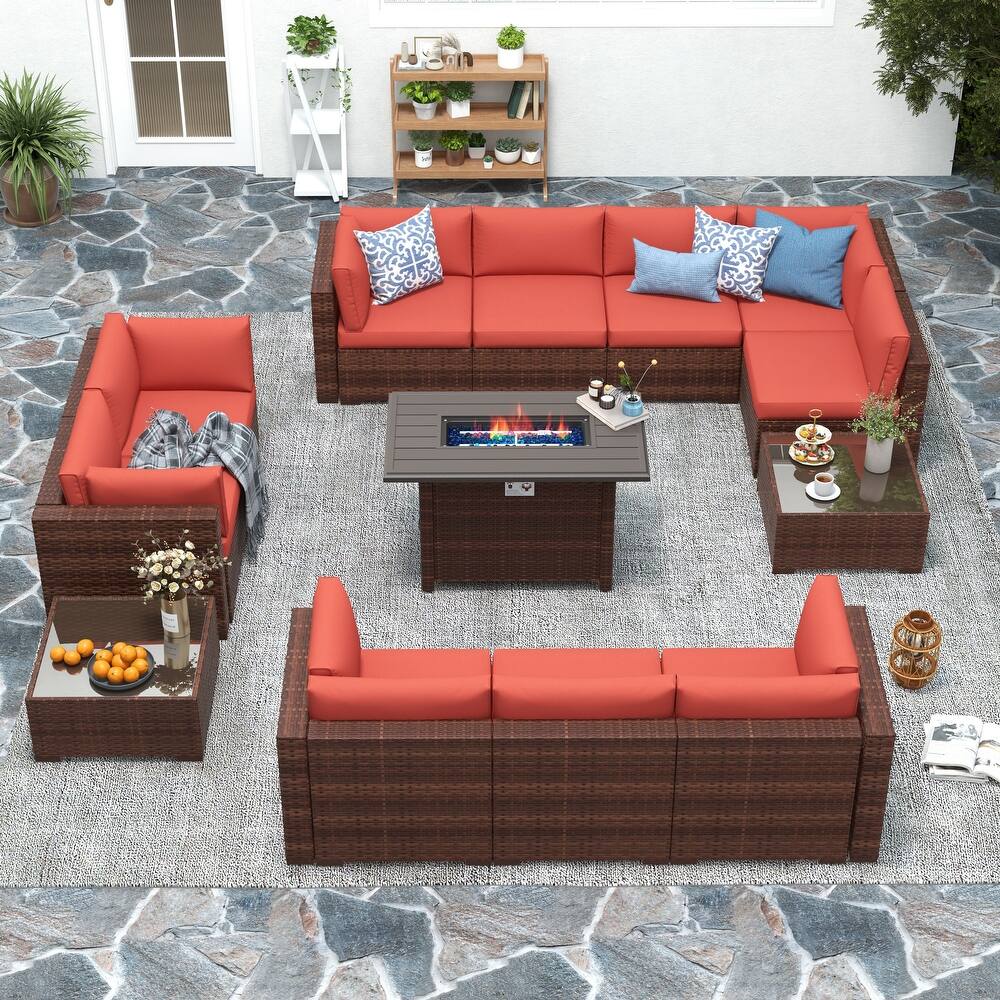 13 Piece Wicker Set Patio Sofa Furniture with Fire Pit And Table