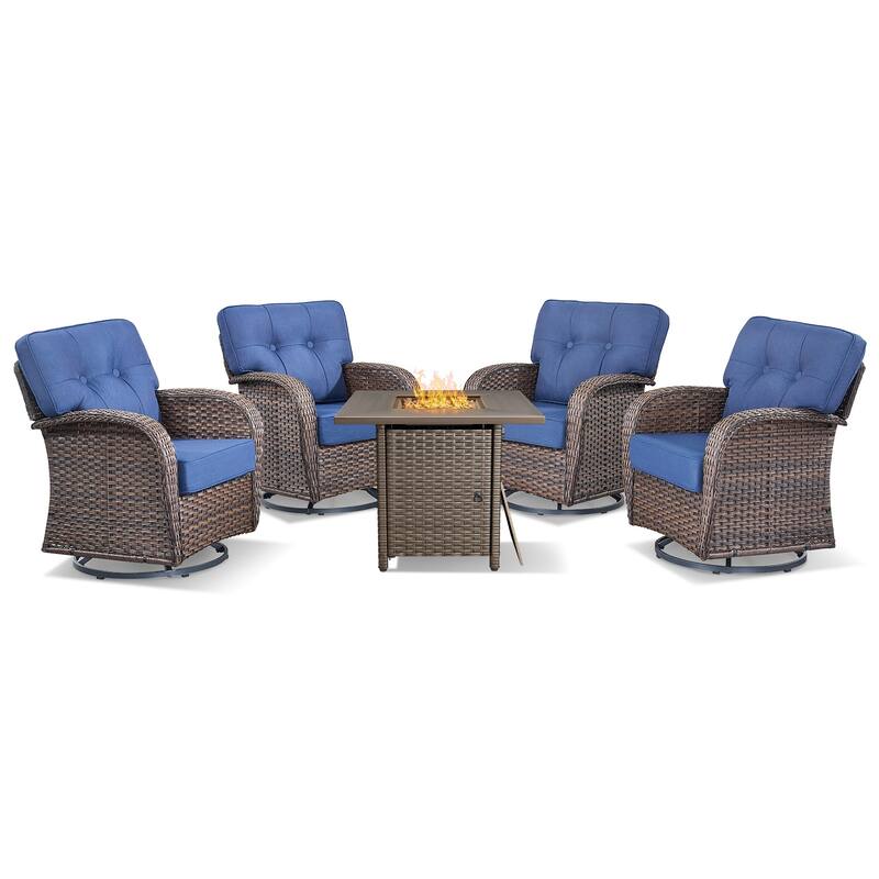 TWrap 5-Piece Wicker Patio Fire Pit Conversation Set with Swivel Gliders and 5-Inch Cushions