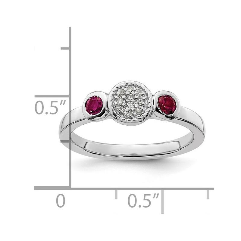 Curata 925 Sterling Silver Bezel Polished Prong set Stackable Expressions Db Round Cr. Ruby and Dia. Ring