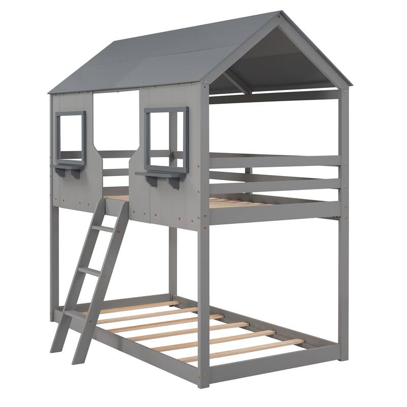 Bunk Bed Wood Bed with Roof, Window, Guardrail, Ladder