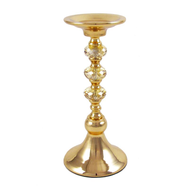 Gold Diamond Gem Crystal Candlestick Pillar Candle Holder Centerpiece - 11" H x 5" W x 5" DP - Gold