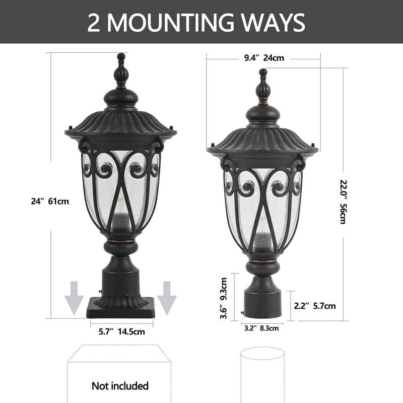 24" Classic Black Outdoor Post Lantern - Single Waterproof Aluminum Light Fixture with Bubble Glass Shade (Bulb Not Included)‌.