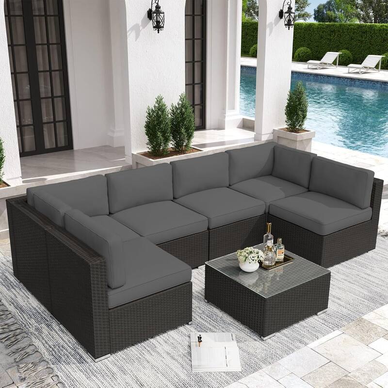 7 Piece Outdoor Patio Furniture Set Grey/Black Wicker Conversation Sectional Sofa Set with Coffee Table and Cushions - Black/Dark Grey