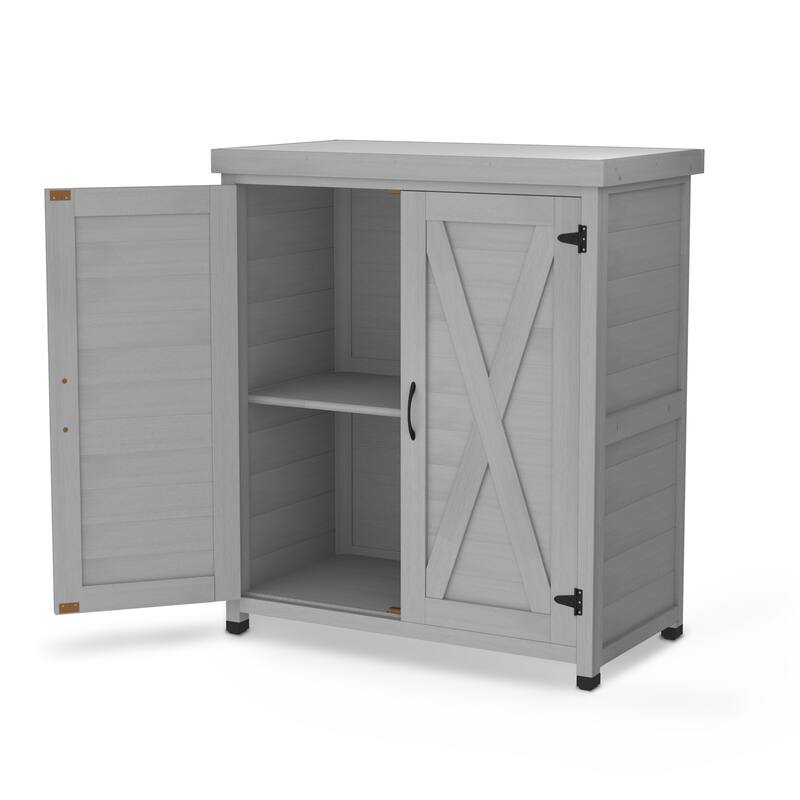 Wooden Patio Furniture with Metal-Tabletop, Potting Bench with Storage Cabinet, Outdoor Patio Storage Cabinet with Shelves