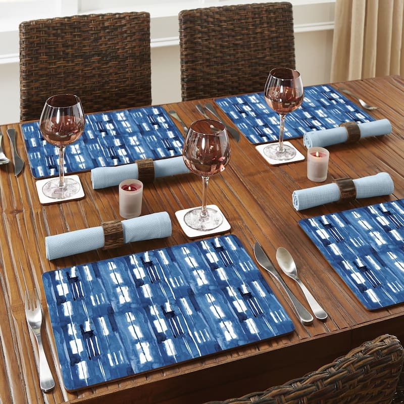 Indigo Block Lines Decorative Hardboard Placemats with Protective Cork Backing 4 Pack Heat Tolerant and Easily Wipes Clean