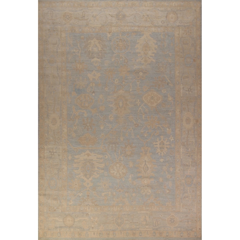 Vegetable Dye Oushak Turkish Area Rug Handmade Blue Wool Carpet - 8'11" x 11'11"