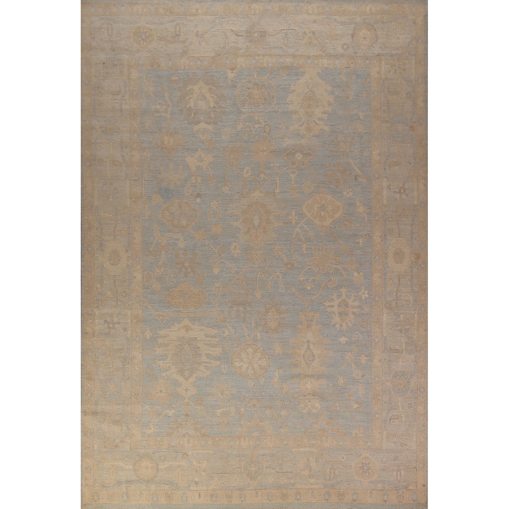 Vegetable Dye Oushak Turkish Area Rug Handmade Blue Wool Carpet - 8'11" x 11'11"