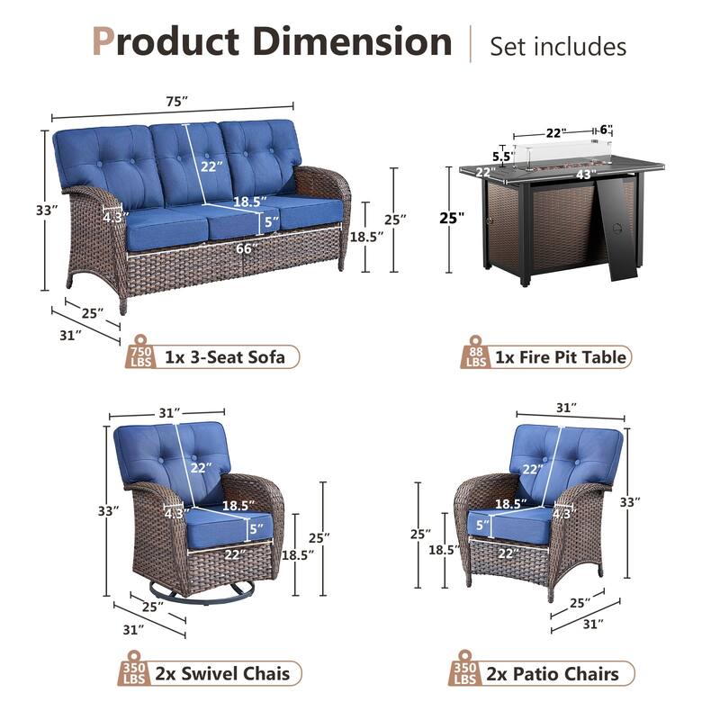 Pocassy Outdoor 43 In Fire Table with Sofa Patio Swivel Chair Set