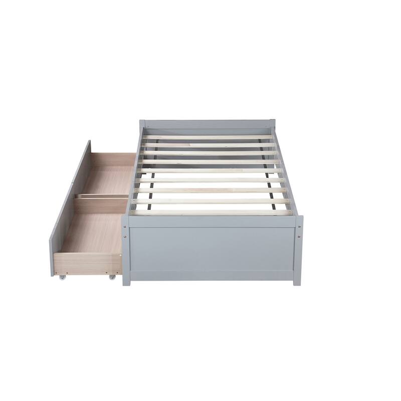 Twin Size Solid Rubber Wood Bed with 2 Drawers