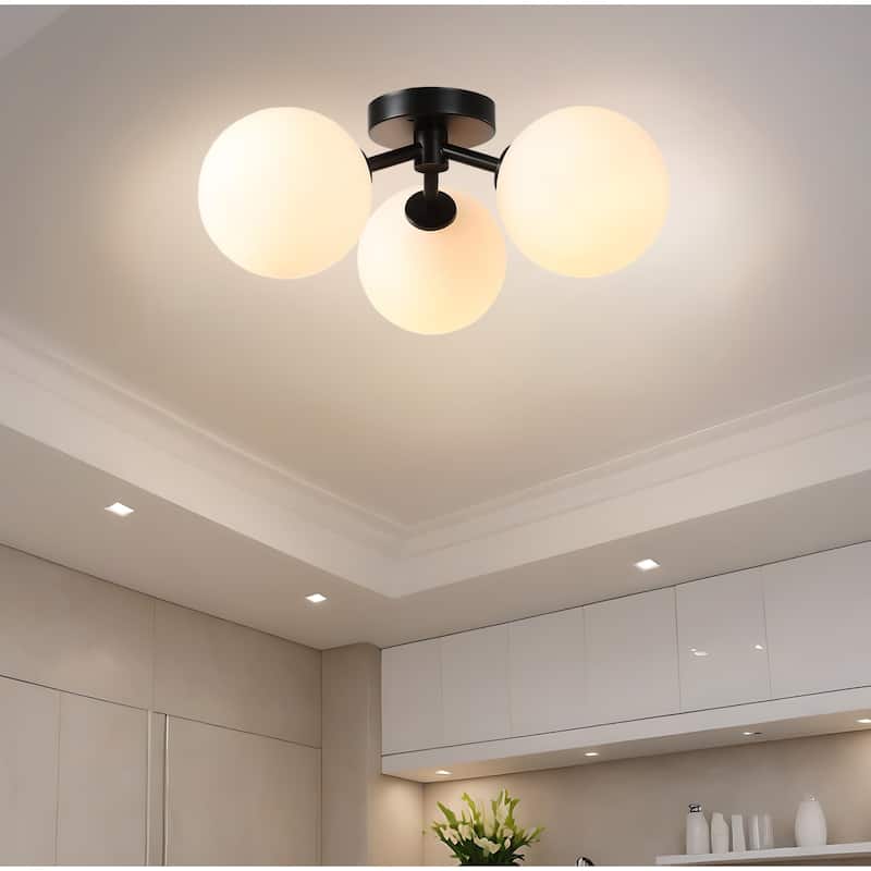 Modern Semi Flush Mount Ceiling Light - 3 Spheres Globe Design - Black