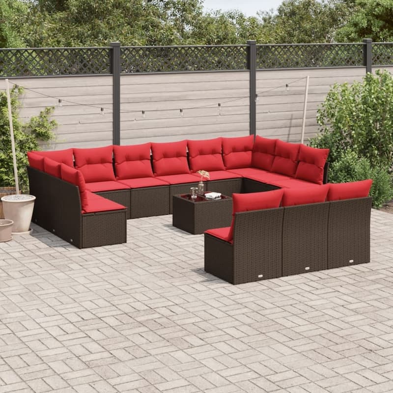 vidaXL 14 Piece Patio Sofa Set with Cushions Brown Poly Rattan - 21.7 x 24.4 x 27.2