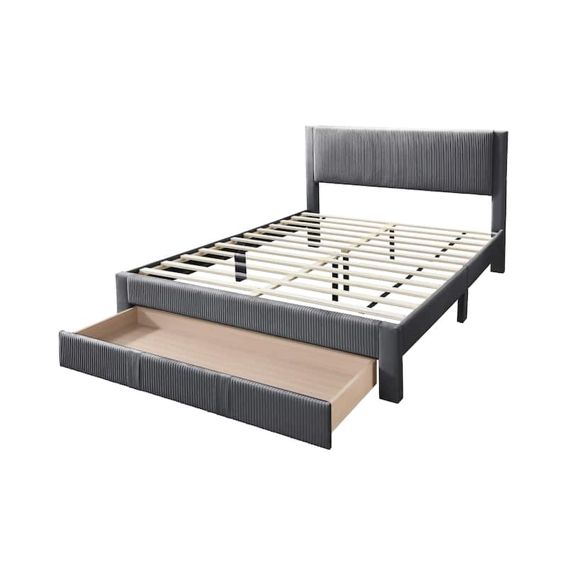 Queen Size Corduroy Platform Bed with Storage Drawer and Channel-Tufted Headboard and Contemporary Design