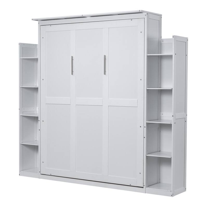 Solid Wood Murphy Wall Bed w/ LED Lights & Open Storage Shelves, Full/Queen Size Folding Murphy Cabinet Bed, Space Saving Design