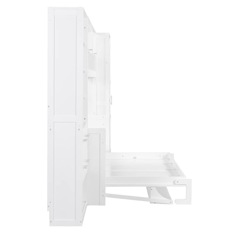 Full Size Murphy Bed with Storage Drawers & Shelf, Foldable Wooden Wall Bed with Side Wardrobe & Flip Design for Home Office