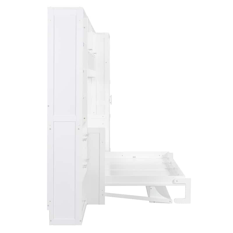 Large Wall Cabinet Storage Murphy Bed Convertible Study Table with Side Bookcase, Closet, Flip Top Storage Cabinet and Drawers
