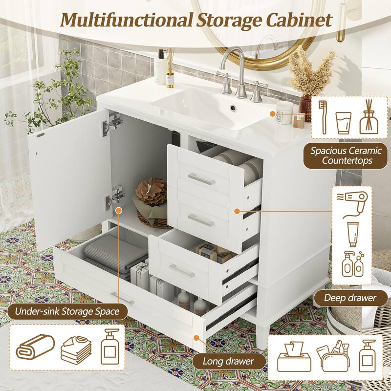36" Bathroom Vanity with Solid Pine Frame, 1 Soft Close Door and 3 Drawers, Modern Storage Cabinet