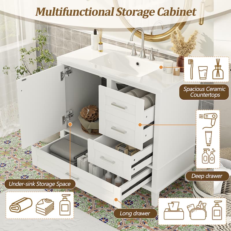 Roomfitters 36" Bathroom Vanity with Solid Pine Frame, 1 Soft Close Door and 3 Drawers, Modern Storage Cabinet