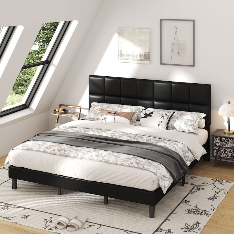 King Size Bed Frame - Faux Leather & Linen Fabric Options with Velcro Assembly, Strong Metal Frame & Noise-Free Support - Black/Leather