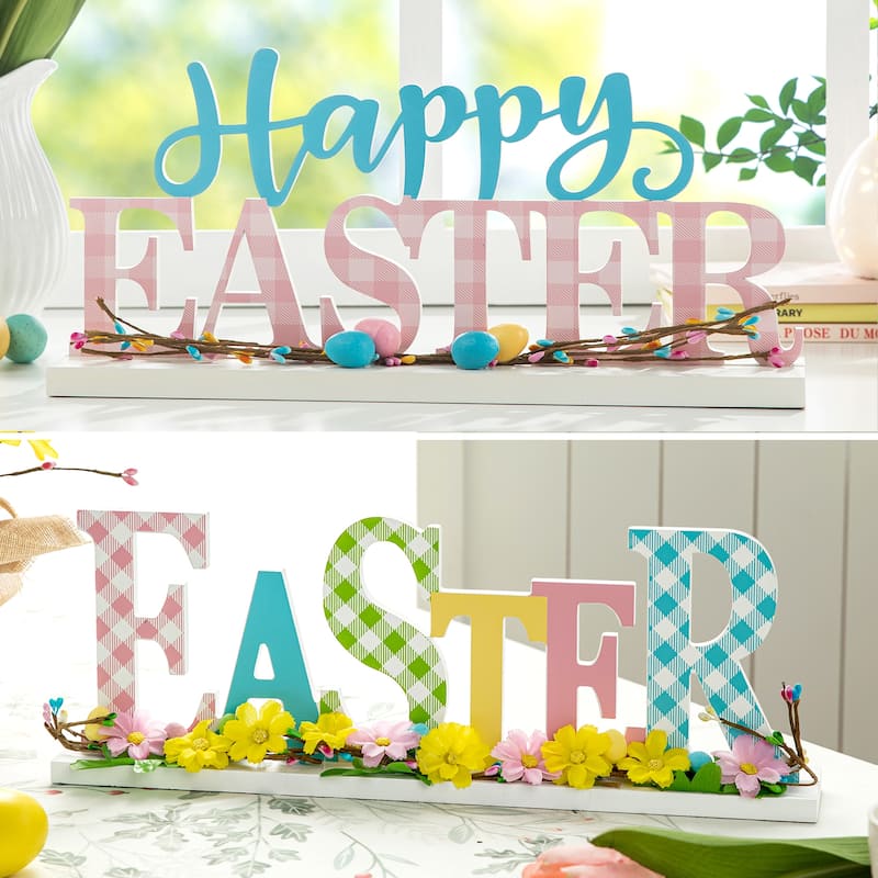 Glitzhome Wooden EASTER HOP Happy Easter with Artificial Rattan Table Sign Decor Centerpiece