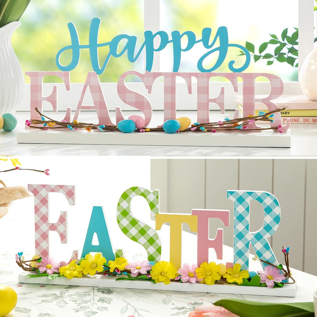 Glitzhome Wooden Happy EASTER HOP with Artificial Rattan Table Sign Decor Centerpiece