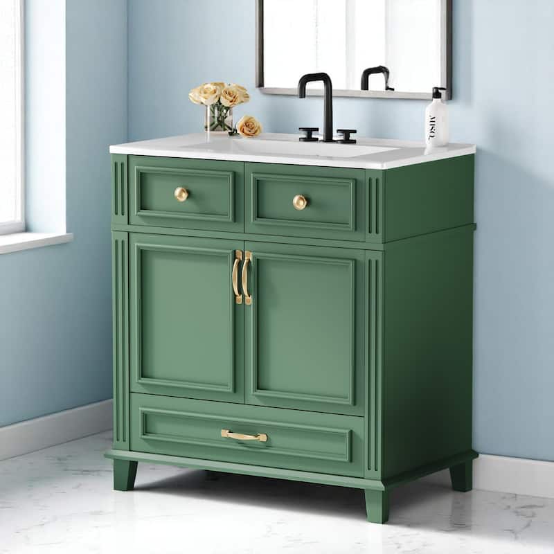 30 Inch Freestanding Bathroom Vanity with Sink, Soft Close Doors, Single Drawer, Solid Wood Frame - Green