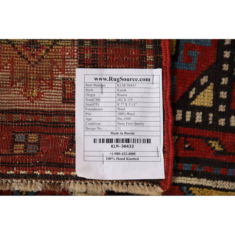 Pre-1900 Antique Kazak Vegetable Dye Runner Rug Handmade Wool Carpet - 3'11" x 8'7"