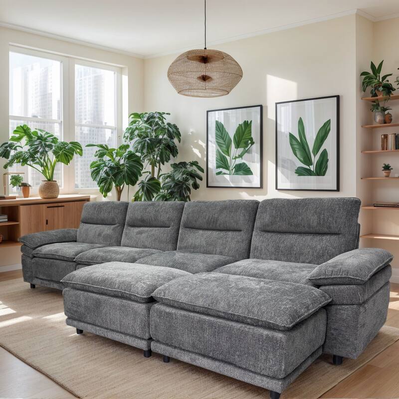 141'' Wide U-shaped 6-seat Sleeper Sofa, Dark Grey, Solid Wood