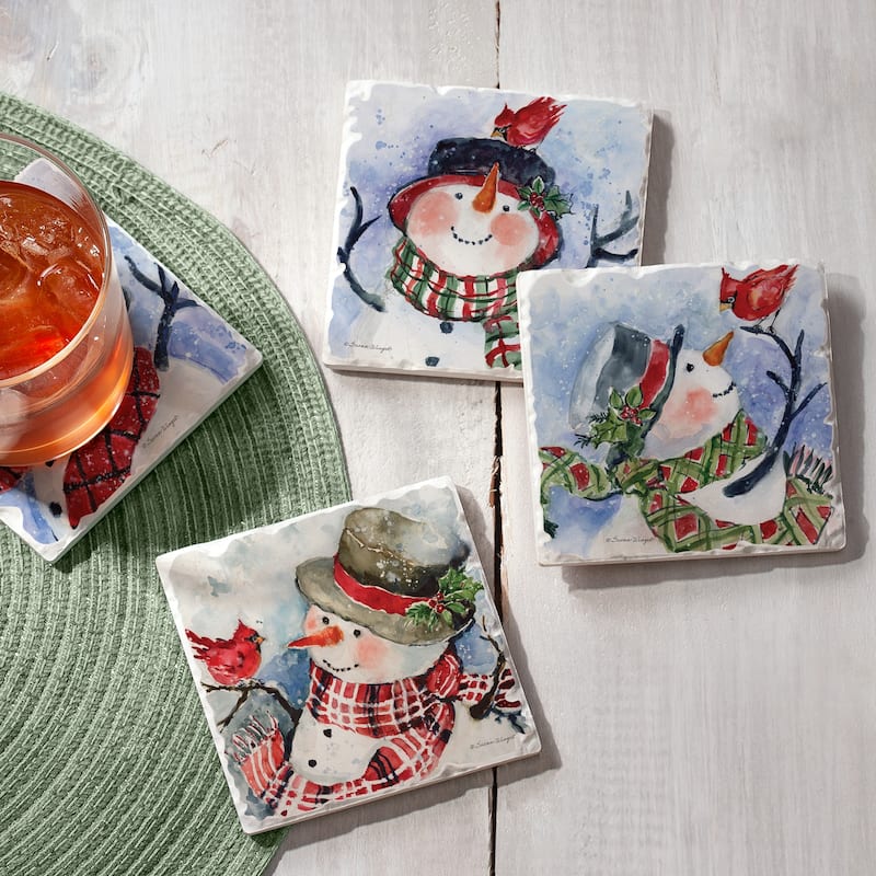 Counterart Absorbent Stone Coaster, Watercolor Snowman, Set of 4 - 4.01x4.38