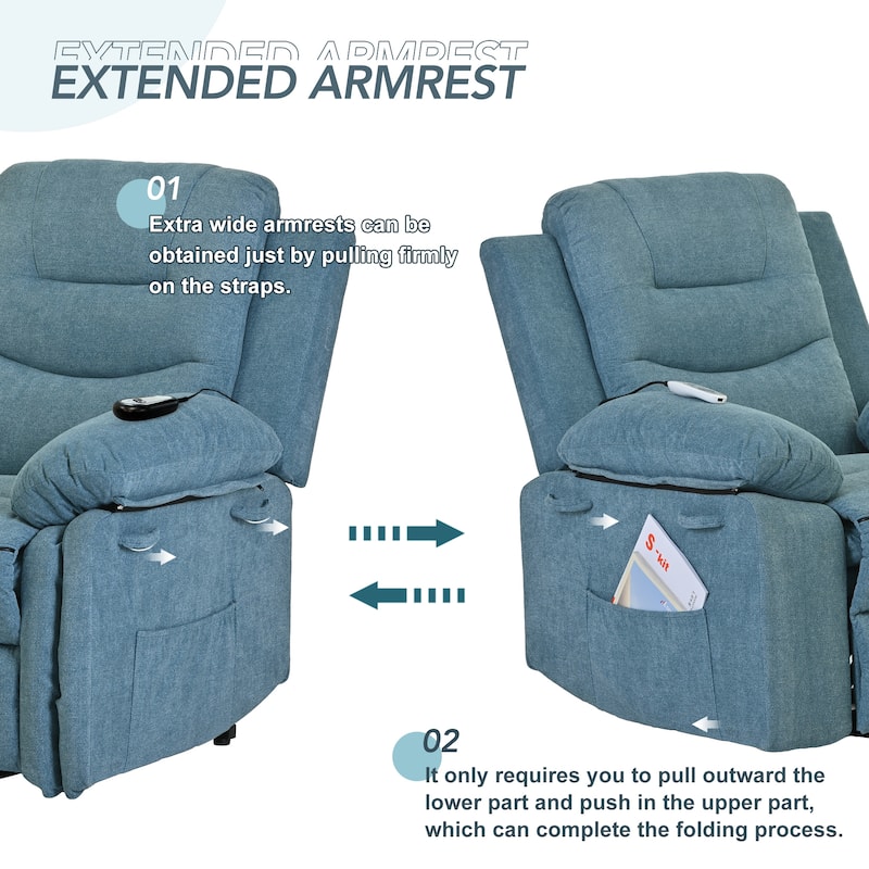 Standard Size Linen Power Lift Recliner Chair with Massage, Heating, and Side Storage Pocket