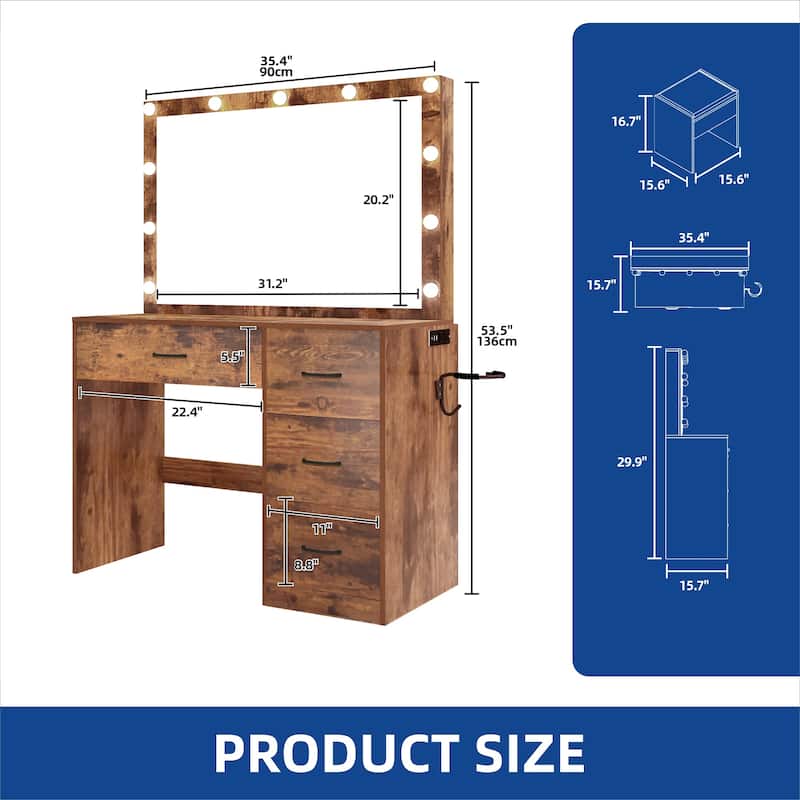Vanity Desk Makeup Table Light Strip Mirror Dressing - 35.4"L x 15.7"W x 53.5"H