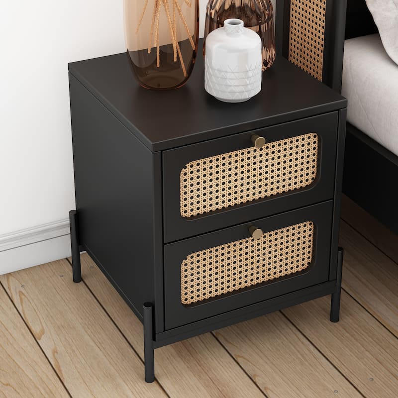 Modern Cannage Rattan Wood Closet 2-Drawer Side Table End Table Nightstand