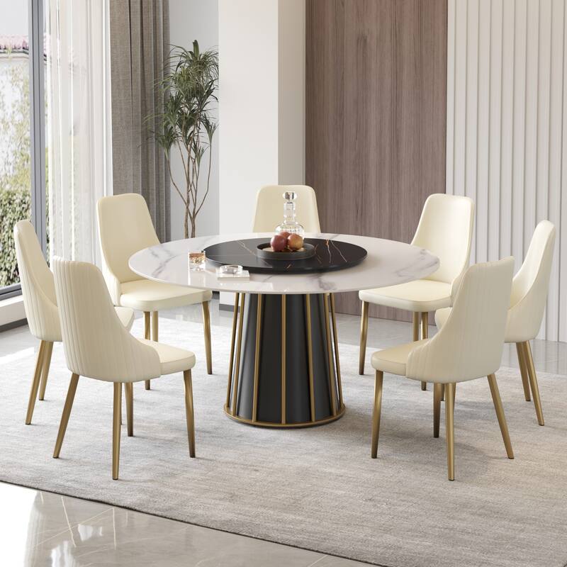 Round Metal Pedestal Dining Table Round Sintered Stone Table with Lazy Susan