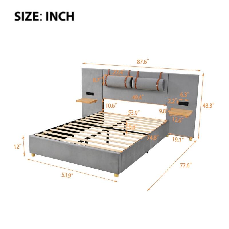 Velvet Upholstered Platform Bed with 2 Outlets,USB Charging Ports and Shelf