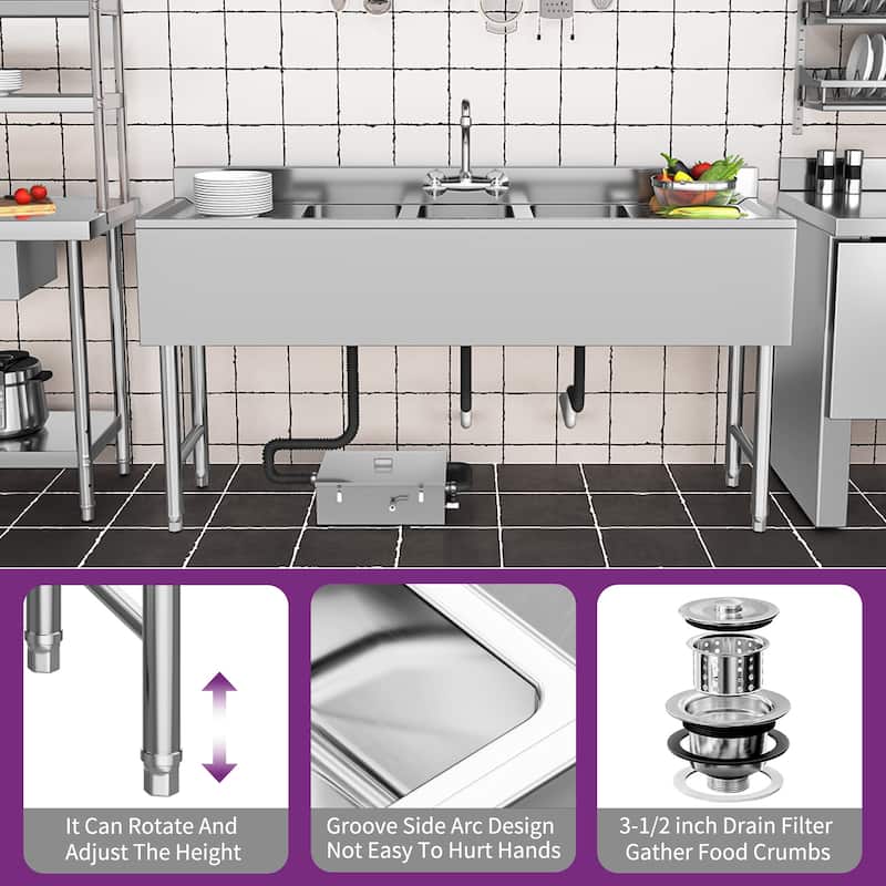 60" W x 16" D x 32" H Kitchen Sink 3 Compartment Stainless Steel Sink with Double Drainboard Commercial Freestanding Sink