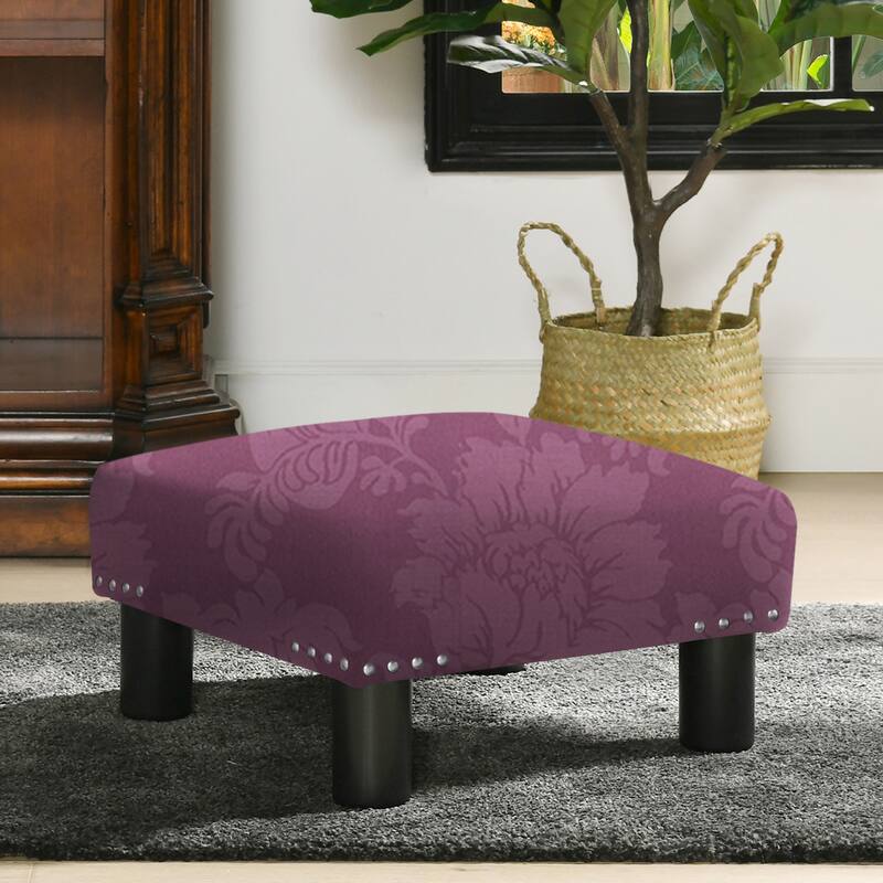 Jules 16" Square Footstool Ottoman - Purple Floral Sateen Jacquard