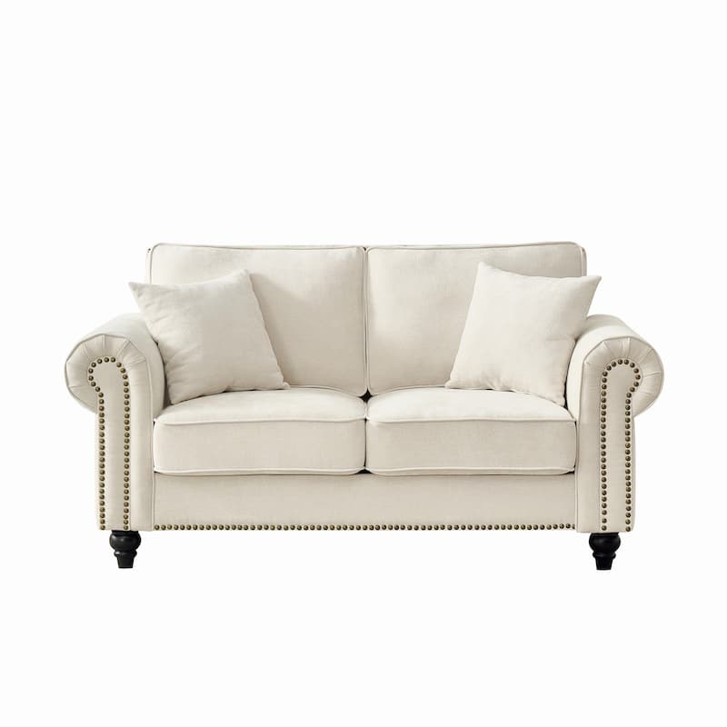 Loveseat with Rolled Armrest, Chenille Upholstered Fabric Sofa, 2-Seater Couch with Solid Wood Legs & Nailhead Trim