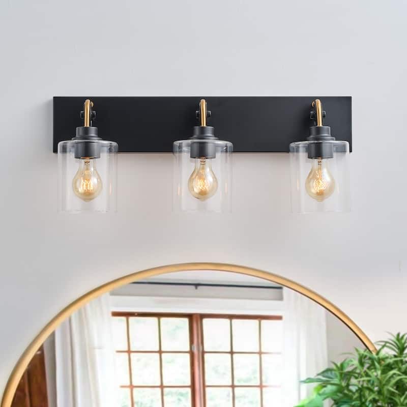 Matte Black 3-Light Bathroom Vanity Light with Cylinder Clear Glass Shade