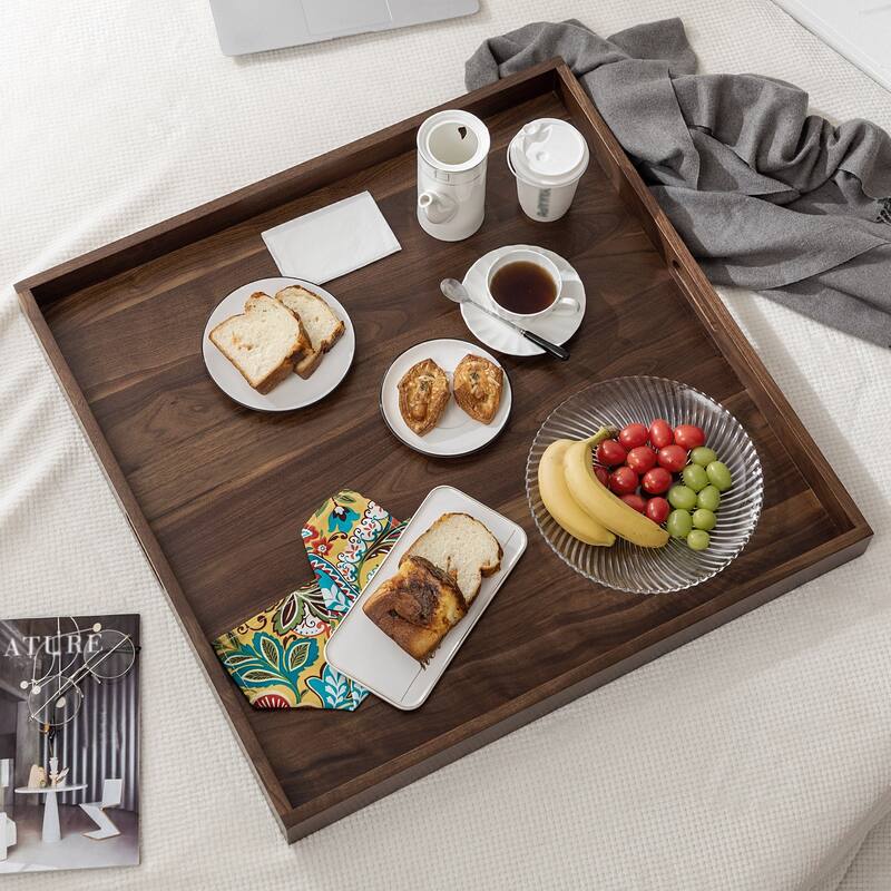 KINWELL Square Black Walnut Wood Serving Tray Ottoman Tray with Handles - 30" x 30" x 2.4"