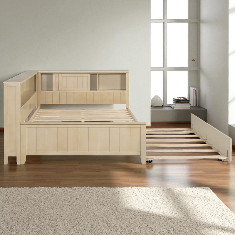 Full Size Wood Daybed with Storage Shelves, Sliding Door Cabinet and Twin Trundle in Antique White Milk