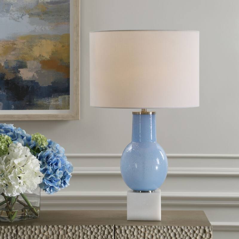 Seeded Glass Table Lamp with White Round Drum Shade - 28" - Sky Blue