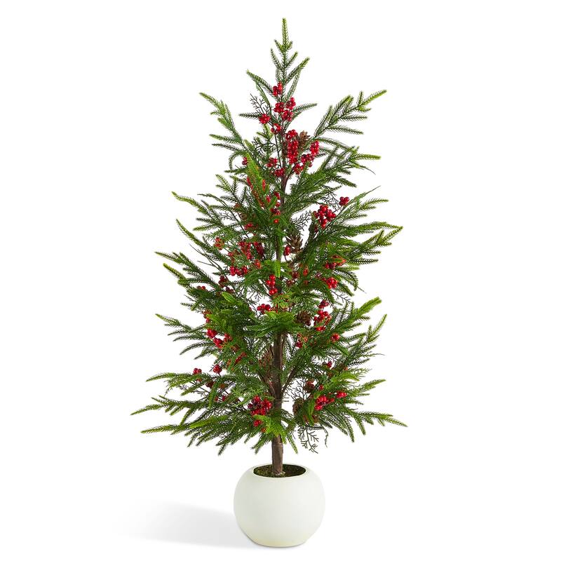 Glitzhome Christmas Greenery PE Dripping Pine Porch Tree with Pinecones and Red Berries