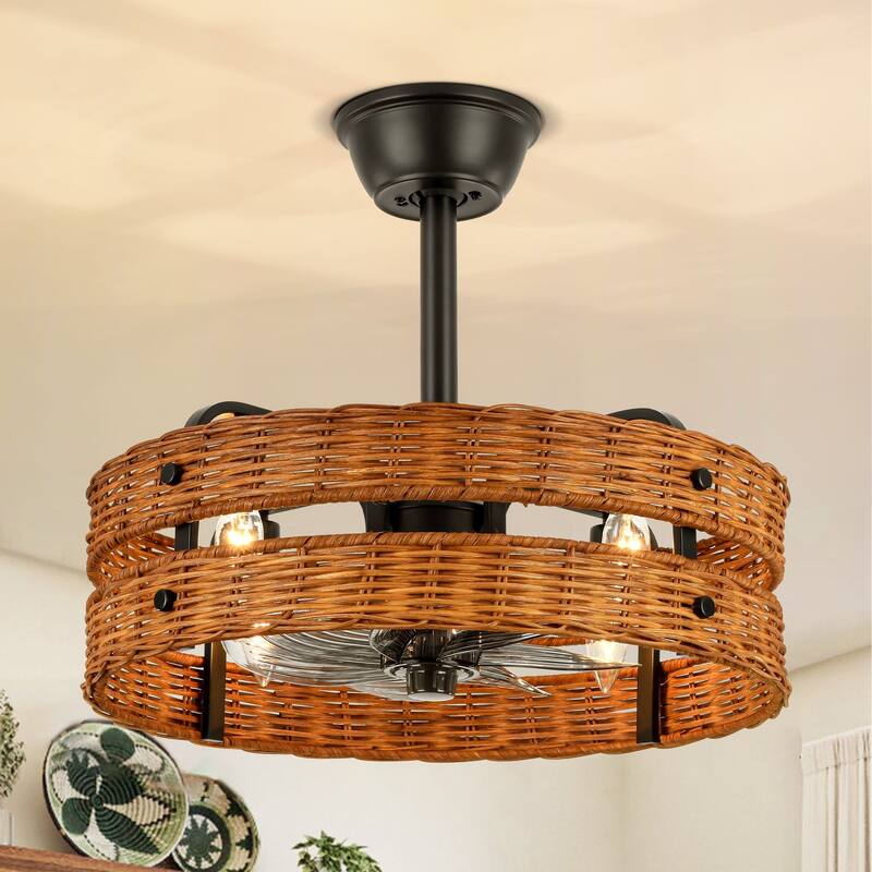 4-Light Farmhouse Brown and Black Woven Rattan Drum Ceiling Fan Lighting with Remote Control - 19.3 in. W x 6.9 in. H